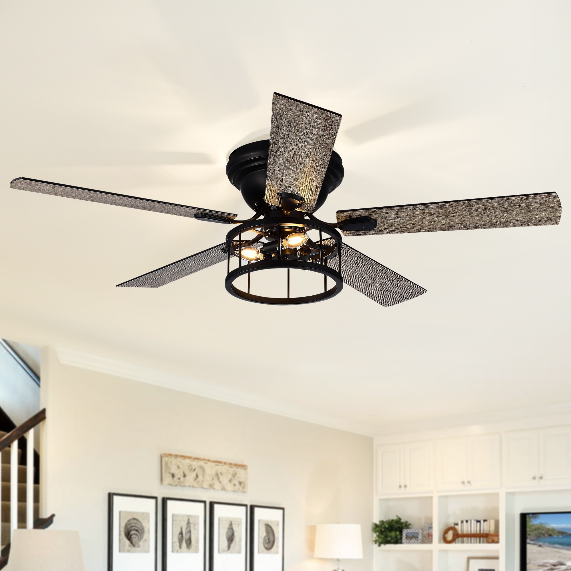 52 Inch Black Flush Mount Ceiling Fan with Lights Remote Control