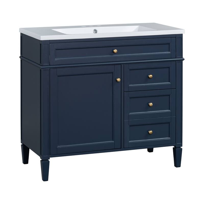 Freestanding Bathroom Vanity & Wall Mounted Mirror Cabinet Set with Resin Sink, Open Shelves, Drawers and Adjustable Shelves