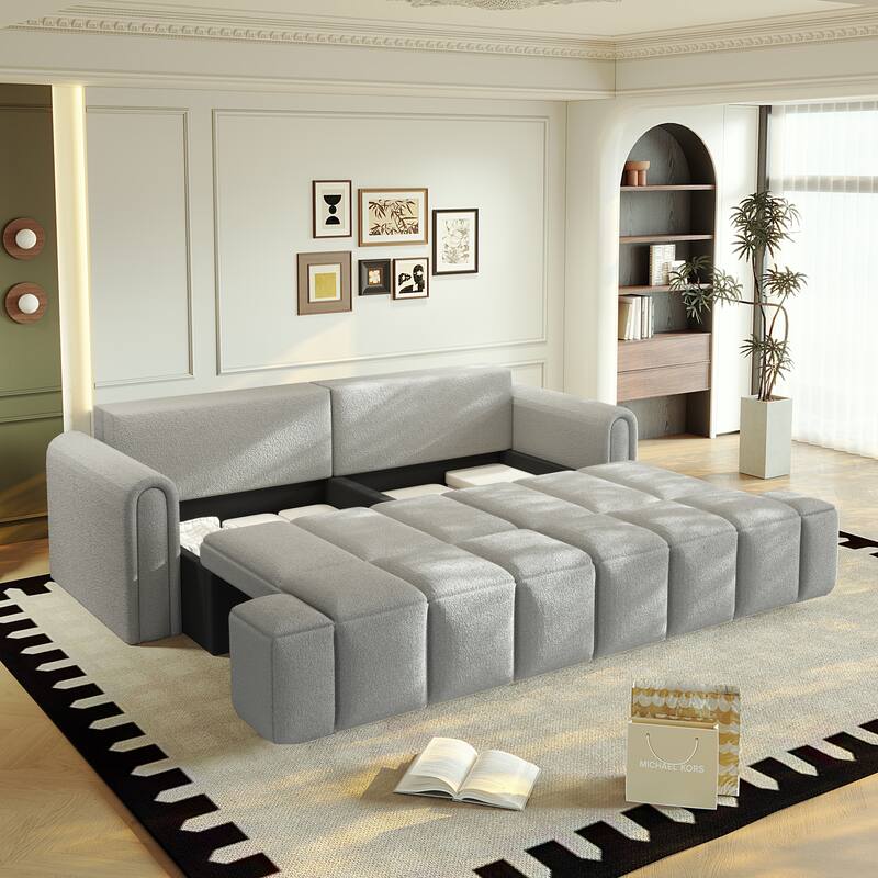 90.2" Sleeper Sofa with Pull-Out Bed, 3-in-1 Convertible Sofa Bed, Large Teddy Loveseat with Adjustable Backrest & Storage Seats