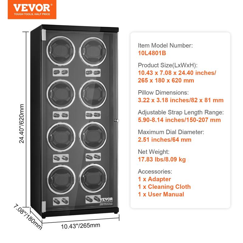 VEVOR Watch Winder with 1-8 for Men's and Women's Automatic Watches with Super Quiet Japanese Mabuchi Motors LED Lights
