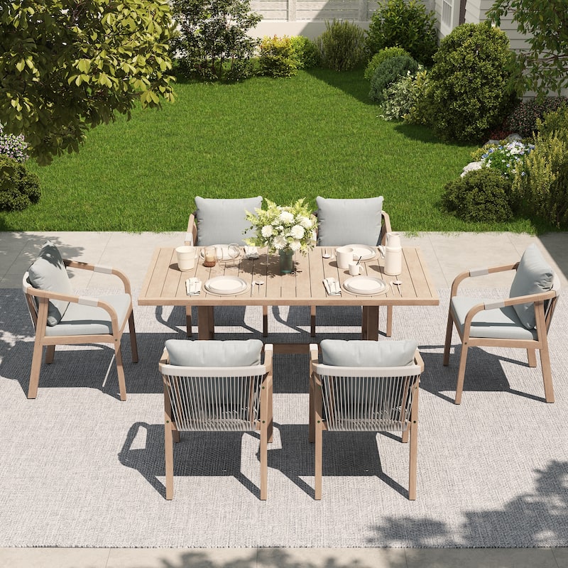 Outdoor Rope Dining Chair and Wood Dining Table Set of 7