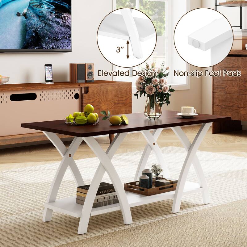 Gymax 2-Tier Coffee Table w/Storage Shelf & X-shaped Legs for Living