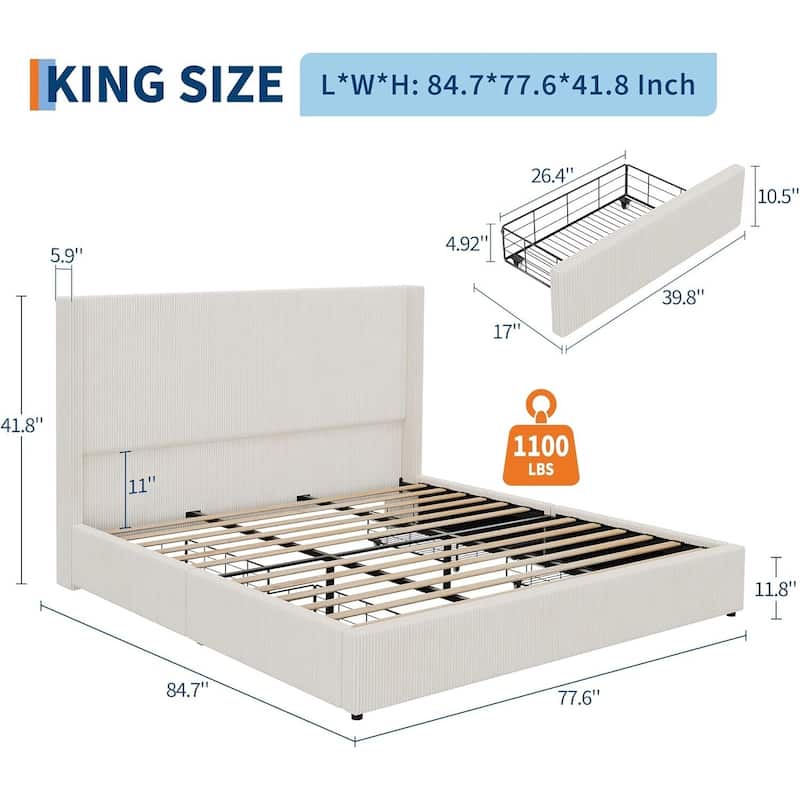 Bed Frame, with 4 Storage Drawer and Headboard