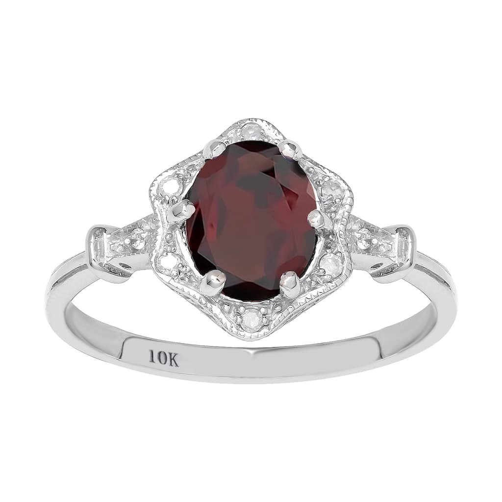 Viducci 10k White Gold Vintage Style Genuine Oval Garnet and Diamond Halo Ring