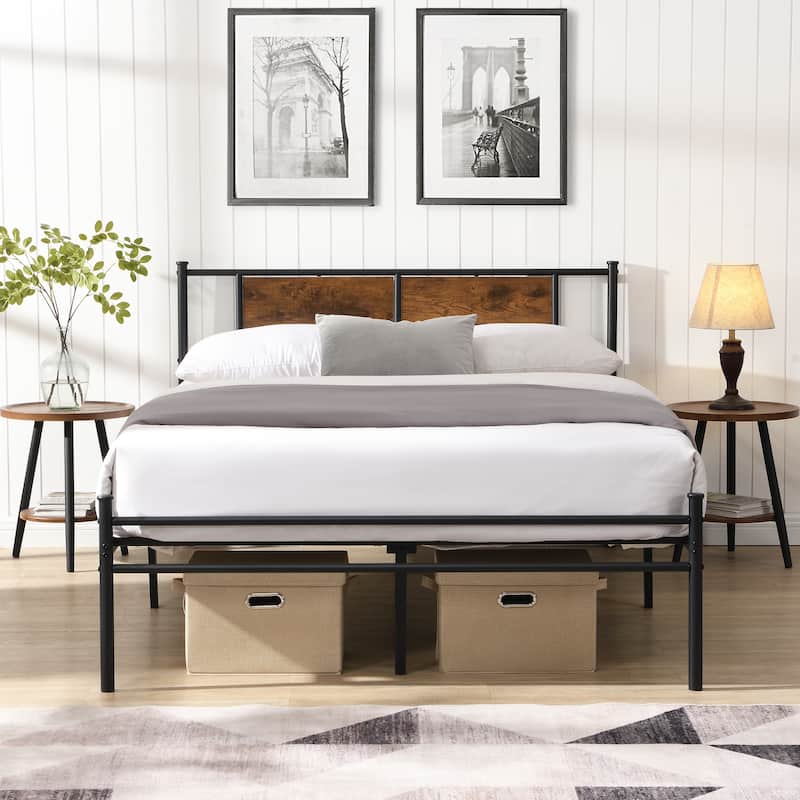 King Size Black Metal Bed Frame with Decorative Wood Headboard Panel, Durable Steel Construction, Under-Bed Storage Space