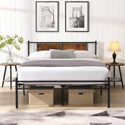 Queen Size Metal Bed Frame with Wood Panel Headboard, Sturdy Steel Structure, Under-Bed Storage, No Box Spring Needed