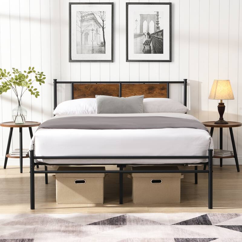 Queen Size Metal Bedframe, Headboard with Wood Panel Decoration - Black+Brown