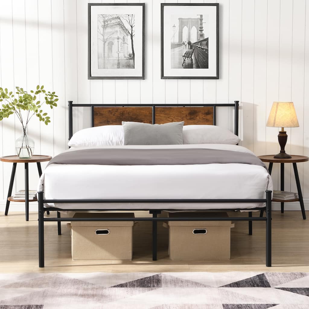Queen Size Metal Bedframe, Headboard with Wood Panel Decoration
