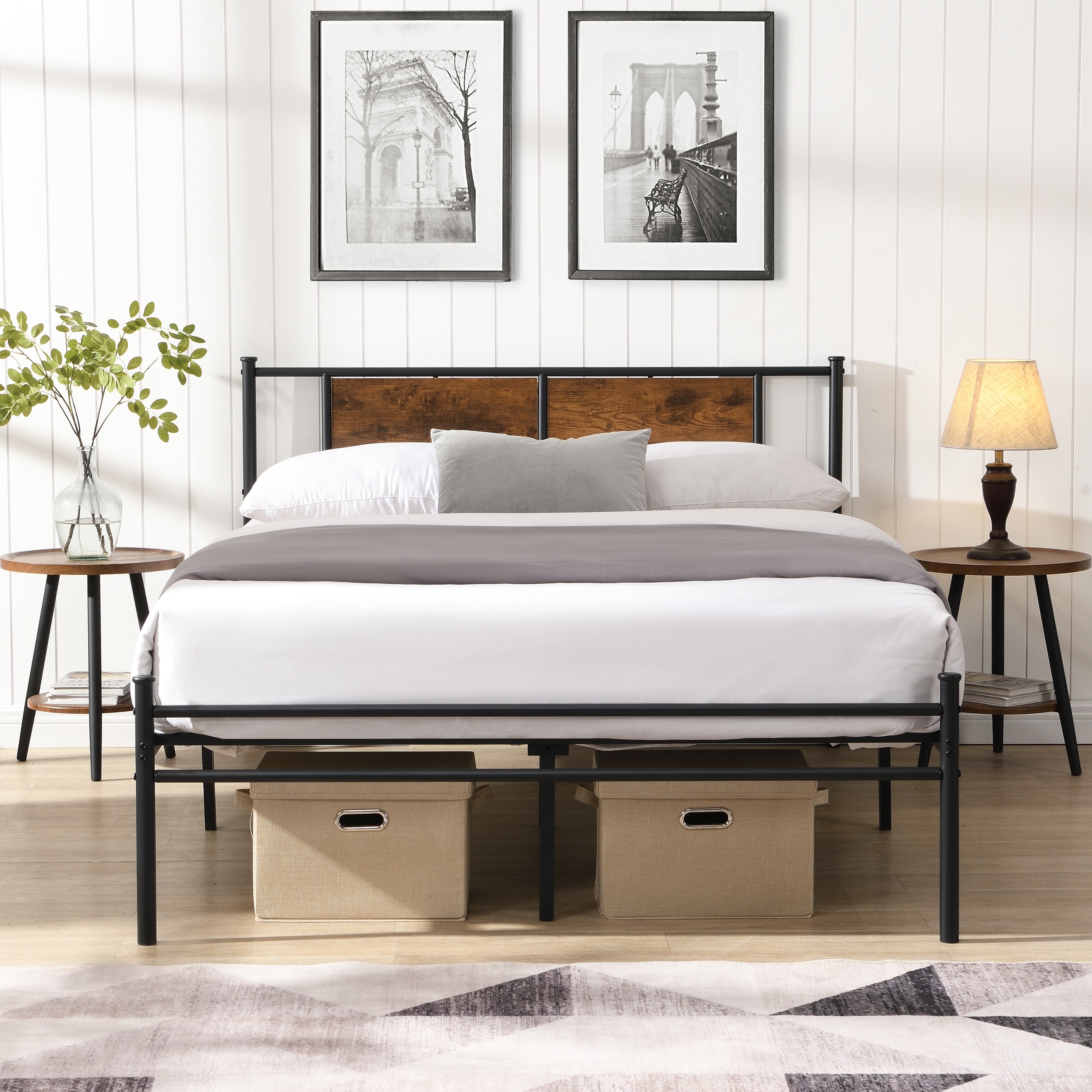 Queen Size metal bedframe,Headboard with wood panel decoration