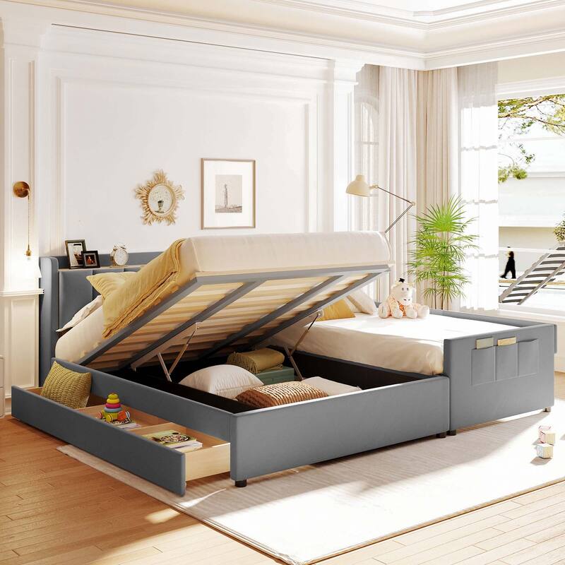 Twin XL Size Upholstered Platform Bed with Hydraulic Storage System - Grey