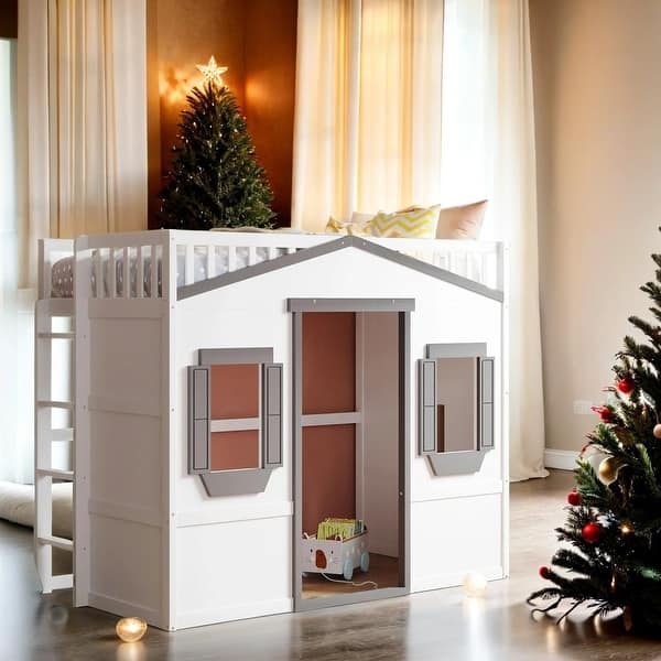 slide 2 of 63, Twin Size Wood House Loft Bed With Ladder White+Gray Frame