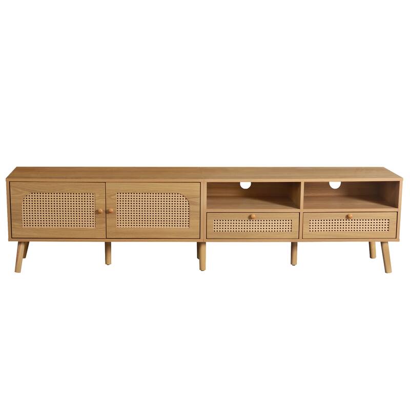 Roomfitters Boho TV Stand for 85" TVs, Farmhouse Media Console with Wood Legs, Entertainment Cabinet for Living Room, Natural