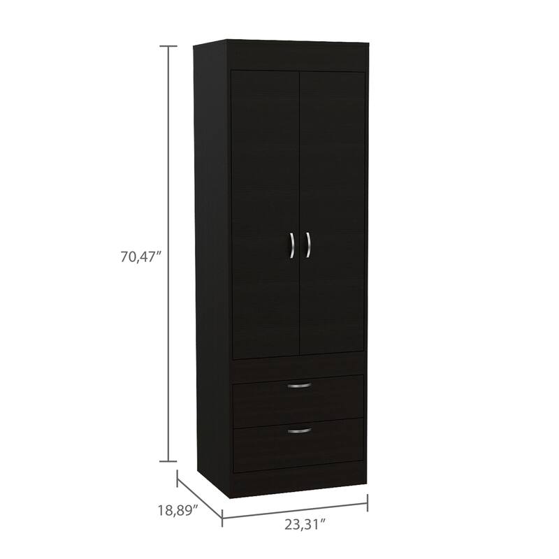 Versatile Wardrobe Armoire Closet Storage Cabinet with Double Doors, Two Drawers, and Hanging Rod - Elegant and Space-Saving