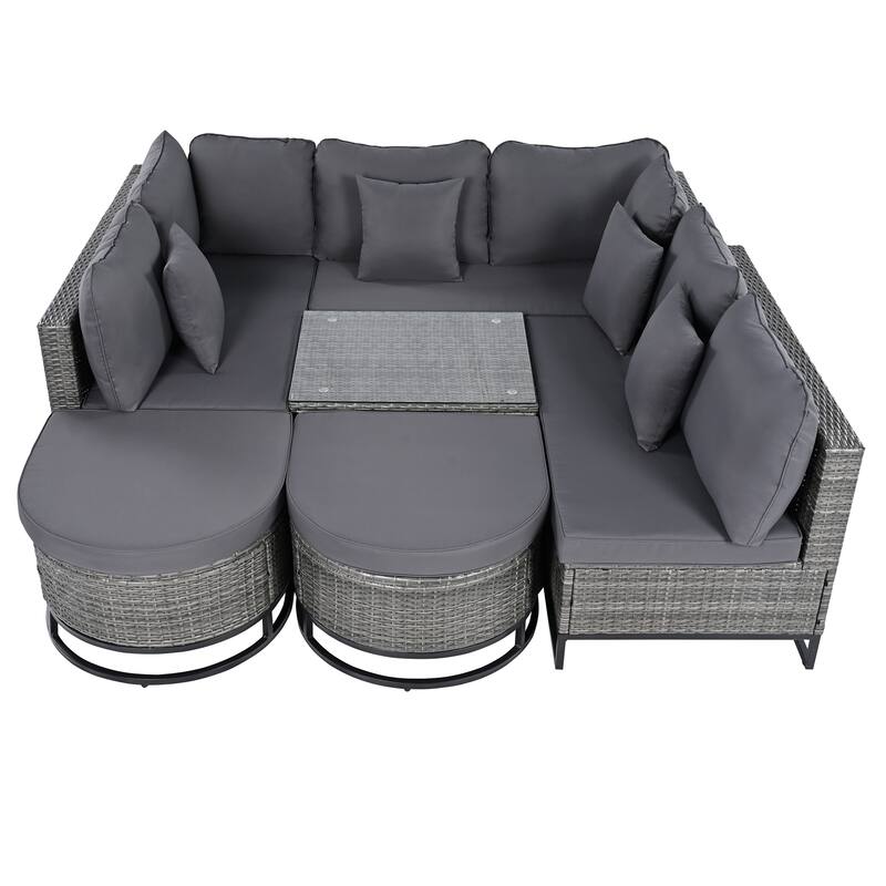 7-Piece Outdoor Wicker Sectional Sofa Set, All-Weather Patio Rattan Furniture Set with Coffee Table and Pillows