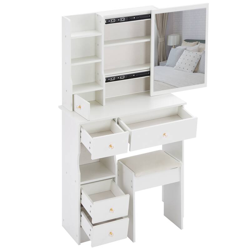 Vanity Desk with Sliding Mirror, Makeup Table with Drawer and Multi Layer Storage Rack, Vanity Set with Cushioned Stool