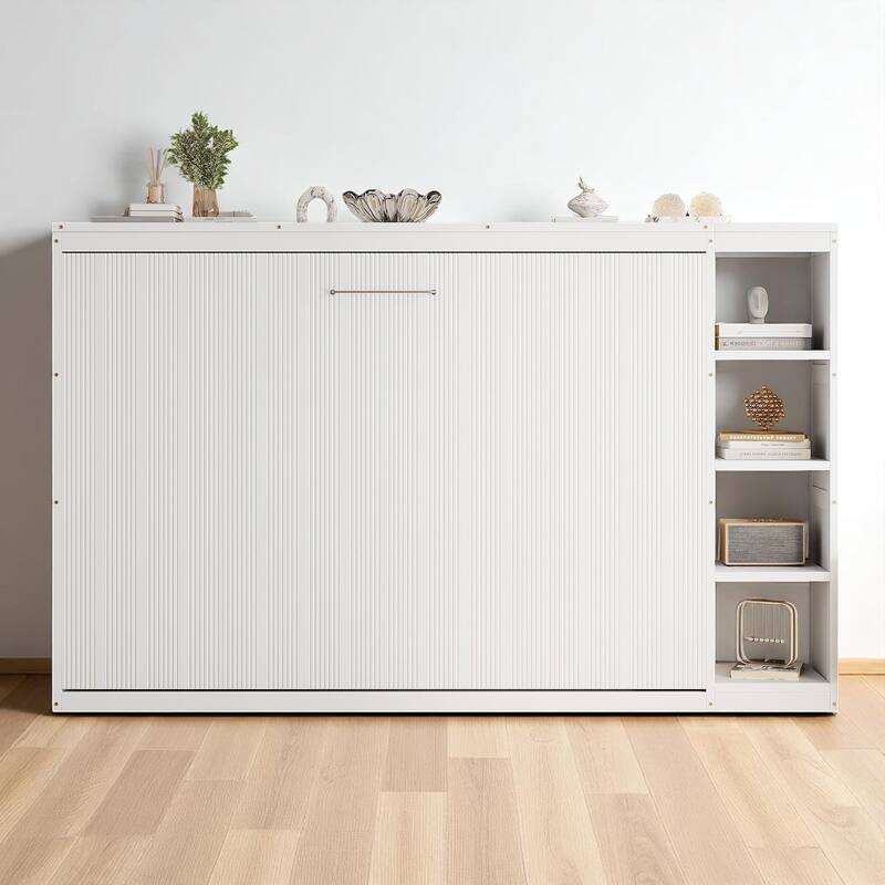 Foldable Full Murphy Bed with Side Bookshelves, Storage Rack and Slat Support, Space Saving Design - White - Full