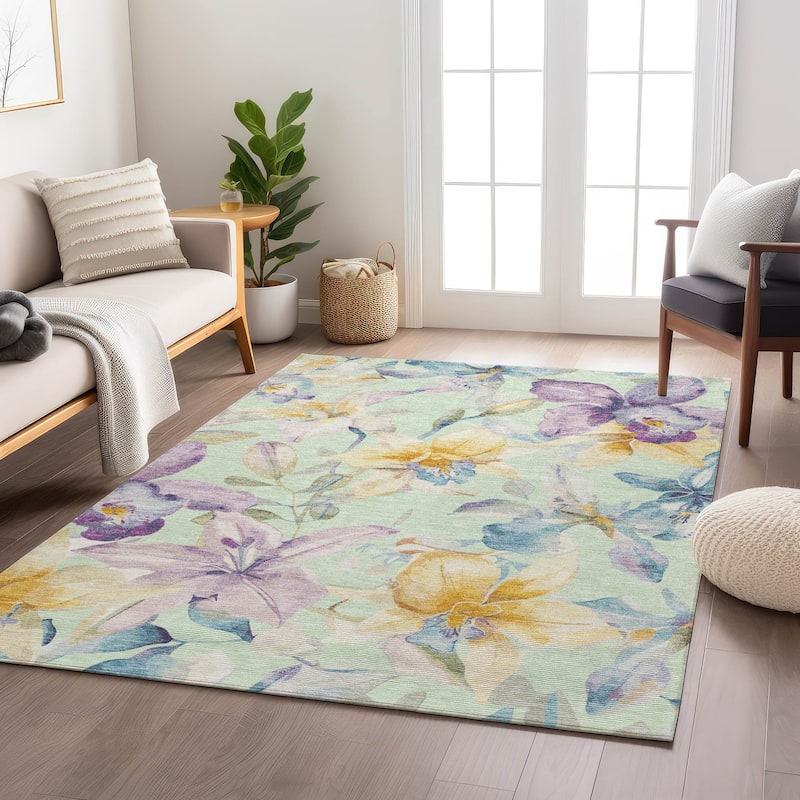 Machine Washable Indoor/ Outdoor Modern Floral Chantille Rug