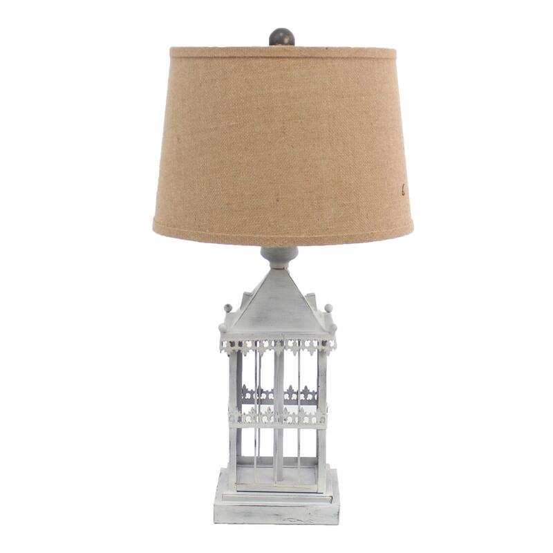 Rustic Grey Metal Table Lamp with Round Brown Linen Shade - 12” x 15” x 25.75”