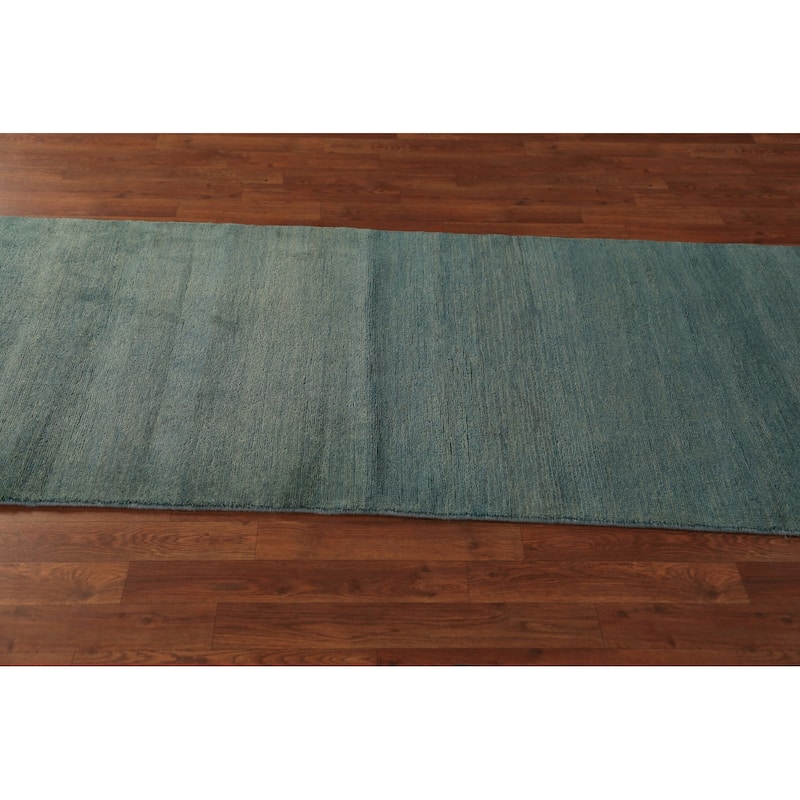 Blue & Green Modern Gabbeh Runner Rug Handmade Wool Carpet - 3'0" x 9'8"