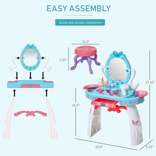 dimension image slide 1 of 3, Qaba Kids Vanity Makeup Table Set with Chair, Pretend Play Toy for 3 Year Old Girls and Above