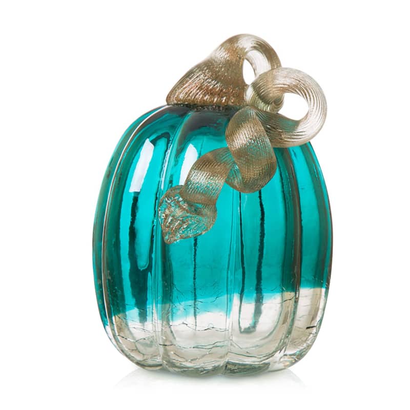 Glitzhome 6"H Fall Harvest Turquoise Crackle Glass Pumpkin Thanksgiving Decoration