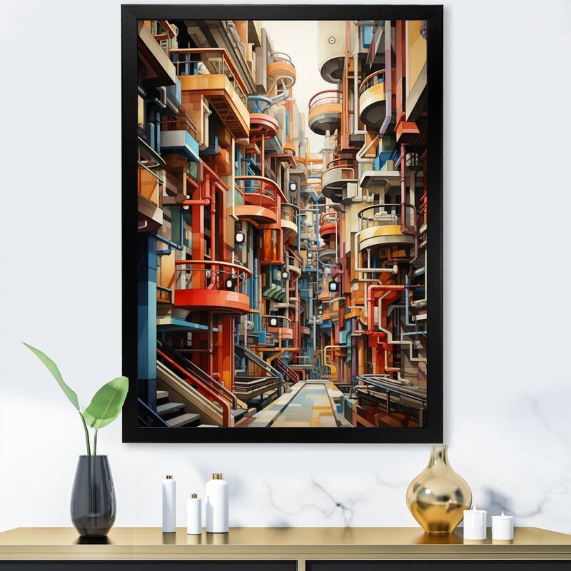Designart "Constructivism Industrial Utopia Imaginary" Constructivism Framed Canvas Wall Art - 12 in. wide x 20 in. high - Black