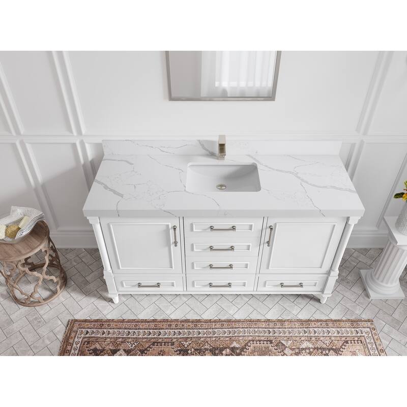 Willow Collections 60 in. W x 22 in. D Aberdeen Single Bowl Sink Bathroom Vanity with Countertop - 2" Calacatta Laza - White