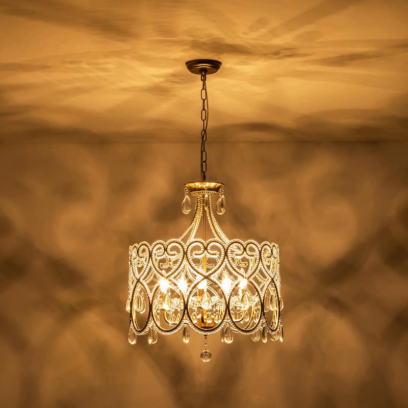 5-Light Mid-Century Modern Luxury Antique Distressed Drum Crystal Chandelier with Candle Accents