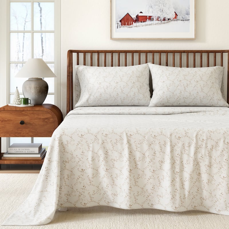 Linery & Co. Ultra-Soft Turkish Cotton Flannel Winter Floral Print Sheet Set - King - Winter Vines Tan