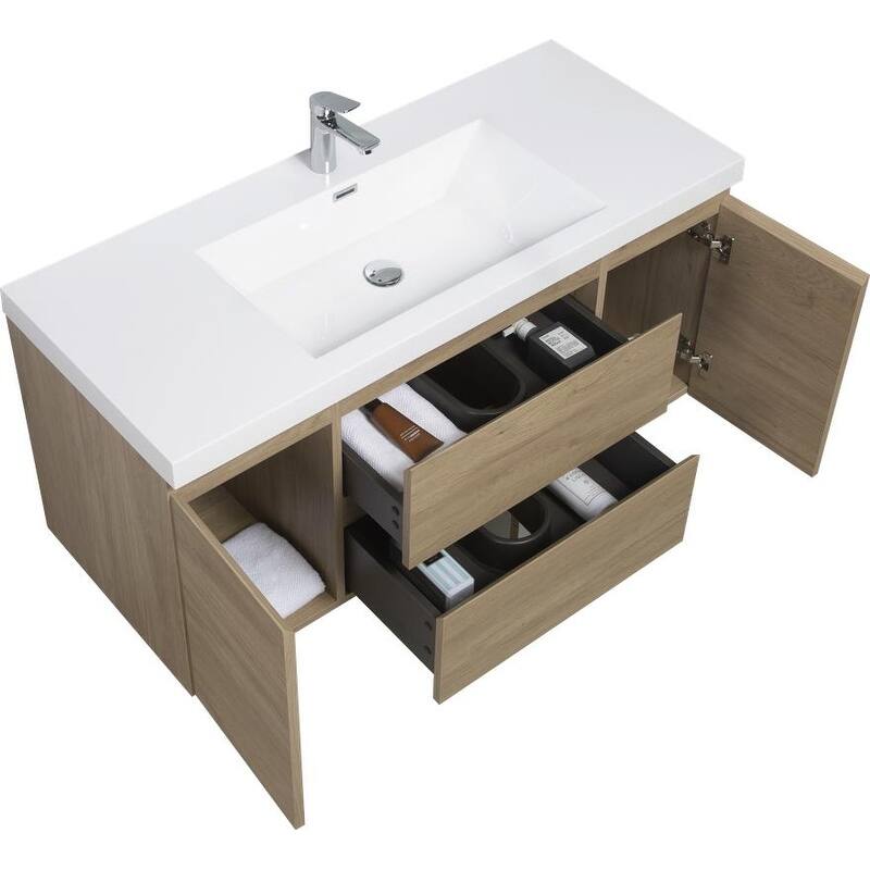 ABRUZZO 48" Floating Bathroom Vanity with Integrated Resin Top Basin 2 Cabinets 2 Soft Close Drawers Full Assembly