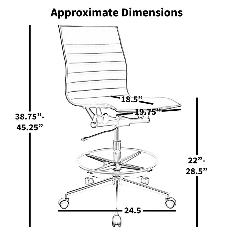 Set of 2 Modern Drafting Chair Upholstered PU Leather Ribbed Armless Mid Back with High Adjustable Base & Leg Rest