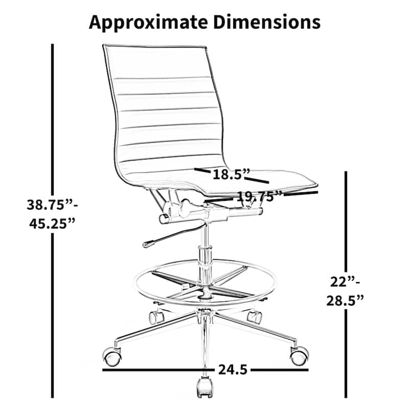 Set of 2 Modern Drafting Chair Upholstered PU Leather Ribbed Armless Mid Back with High Adjustable Base & Leg Rest
