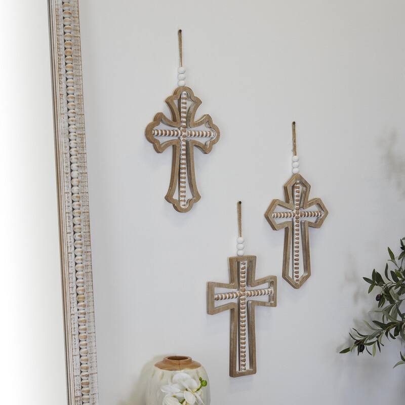 Wood Cross Carved Beaded Crosses Home Wall Decor with Rope Hanger - Set of 3 Light Brown - Roche River Decor