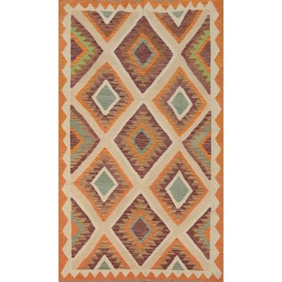 Hand Woven Oriental 100% Wool Carpet Southwestern Geometric Multi-Colored Kilim Area Rug - 8' 2'' X 4' 11''