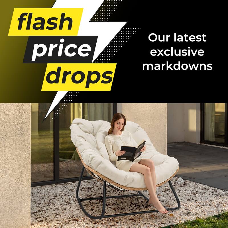 Outdoor Papasan Rocking Chair, Patio Chair Indoor Egg Royal Rattan Rocking Chair with Cushion - 33" W x 16.1" D x 29.9" H