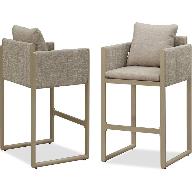 PURPLE LEAF Bar Stool Set of 2 Outdoor Rattan Bar Chair with Back Metal Bar Height Stool Wicker Barstool Dark Grey - BarHeight-Cream