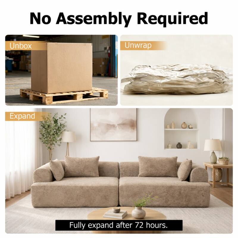 96" Boucle Fabric Sectional Sofa with Four Pillows, No Assembly Required