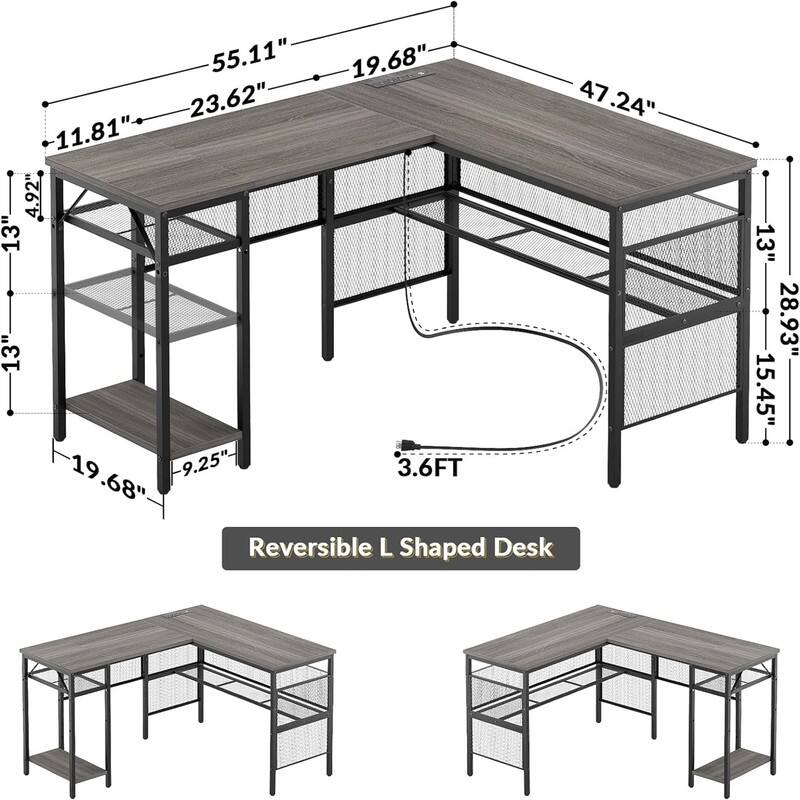 L Shaped Desk with USB Charging Port and Power Outlet
