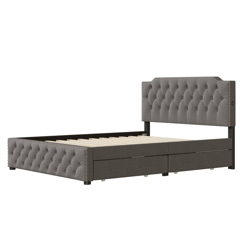 Queen Size Upholstered Platform Bed with 2 Drawers and 2 sets of USB Ports on each side, Linen Fabric