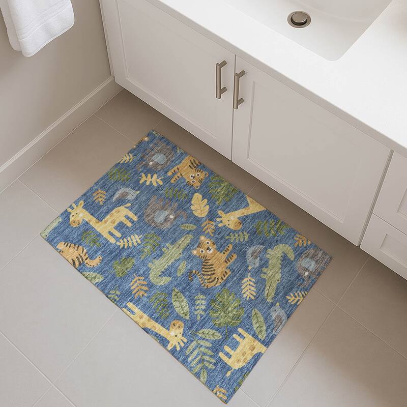 Machine Washable Indoor/ Outdoor Whimsy Safari Animals Chantille Rug