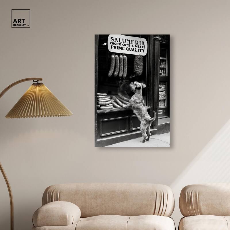 Window Shopping Pup Canvas by Art Remedy, Gallery Wrapped