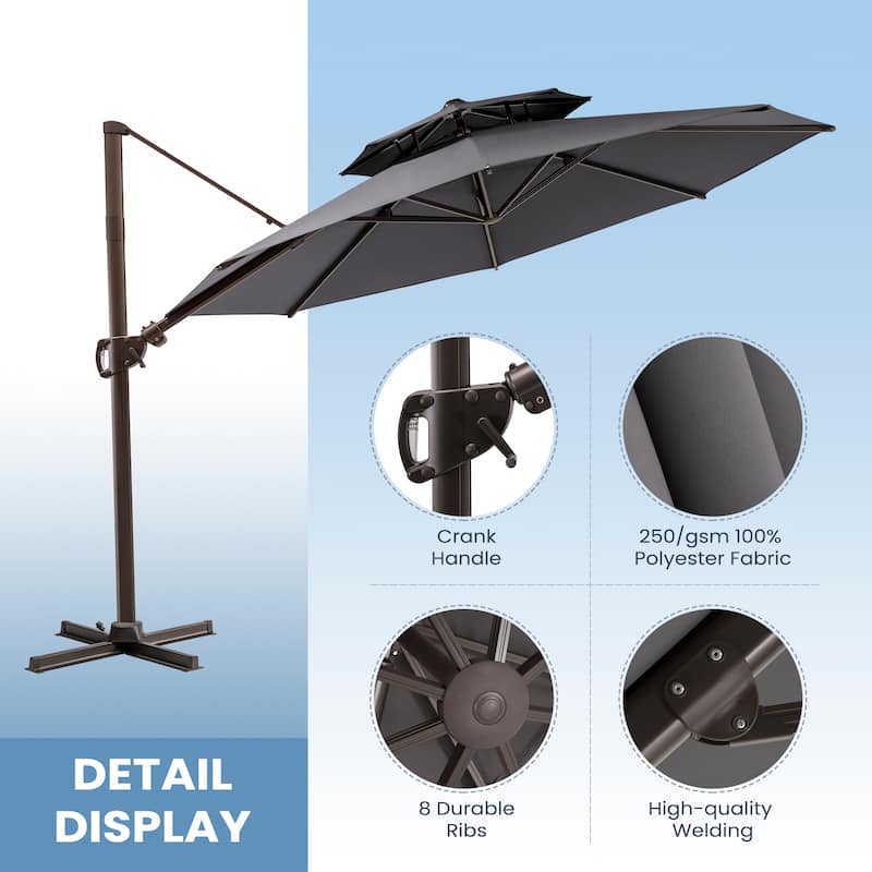 11 FT Outdoor Solar-Powered LED Light Aluminum Double Top Patio Cantilever Umbrella with Fillable Base