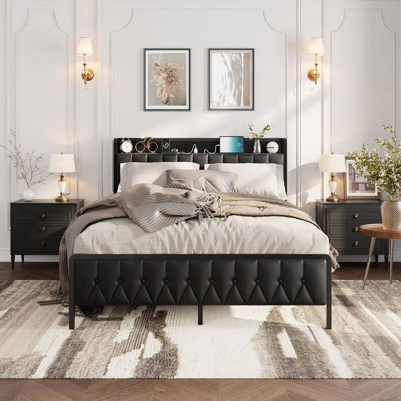 Upholstered Storage & Metal Frame Platform Bed with Charging Station, 3 Sizes - Queen