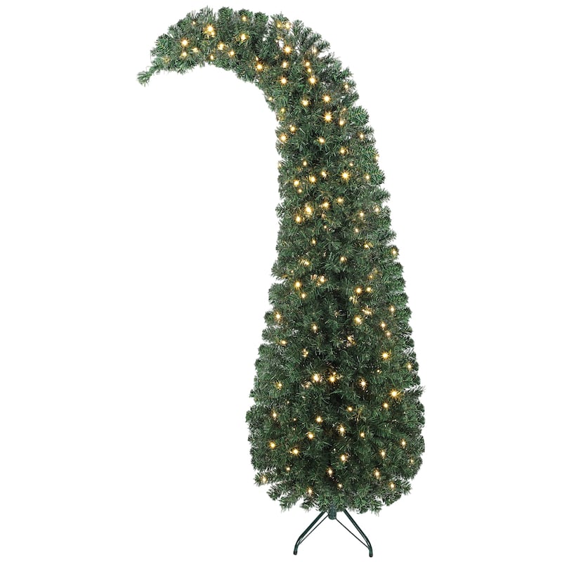 Pre-Lit Bent Top Christmas Tree - Whimsical Slim High Mountain Fir, LED Lights, Metal Stand - Green