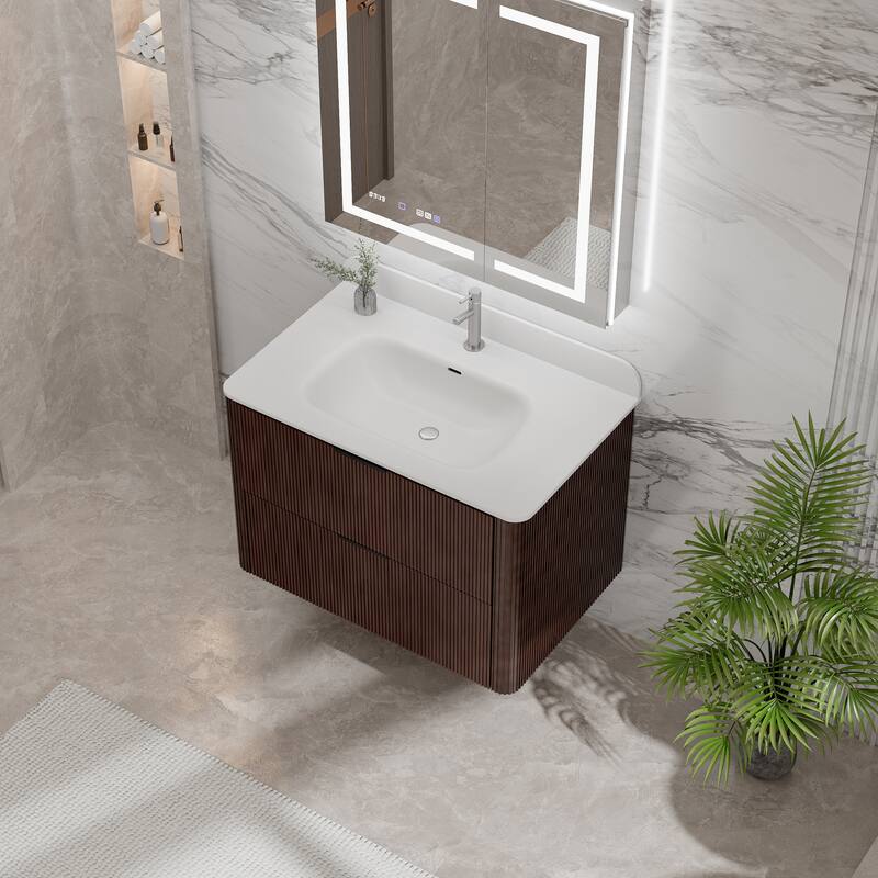 Modland Fluted Floating Vanity with Sink, Plywood Wall Mount Cabinet, Curved Edge, 24/30/36 Inch