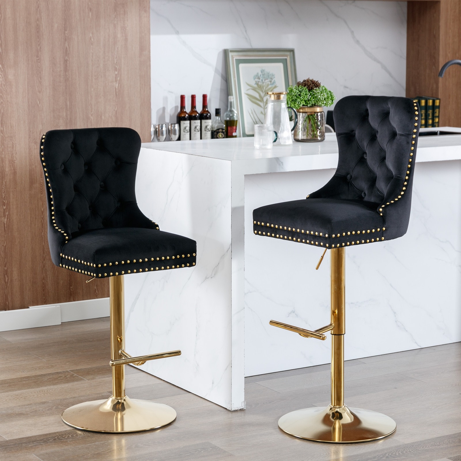 Velvet Swivel Bar Stools Adjusatble Seat Height W Backs for Home