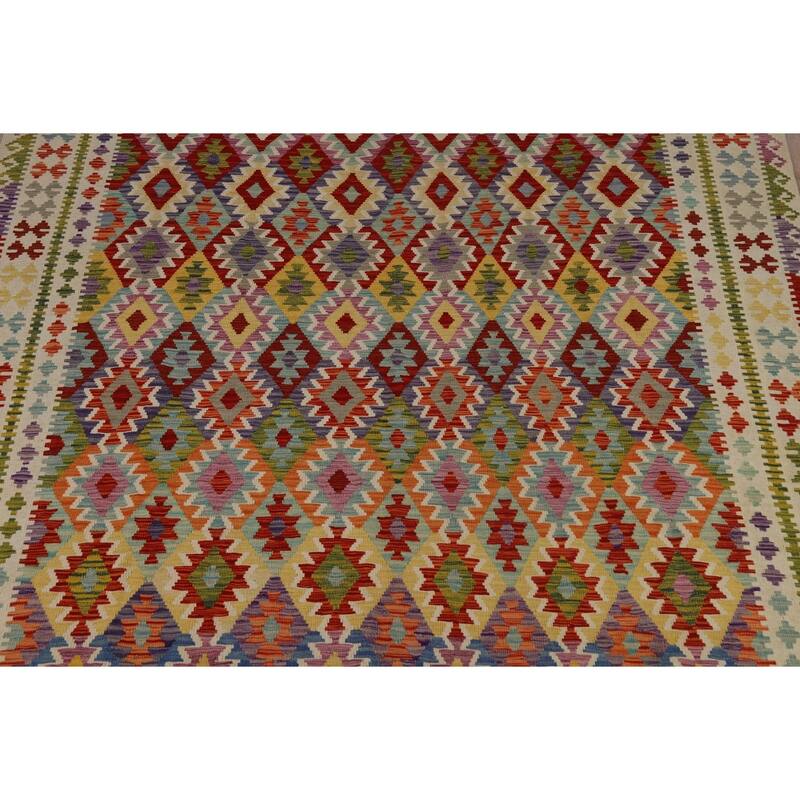 Reversible Geometric Kilim Area Rug Flatweave Wool Carpet - 8'9" x 11'3"