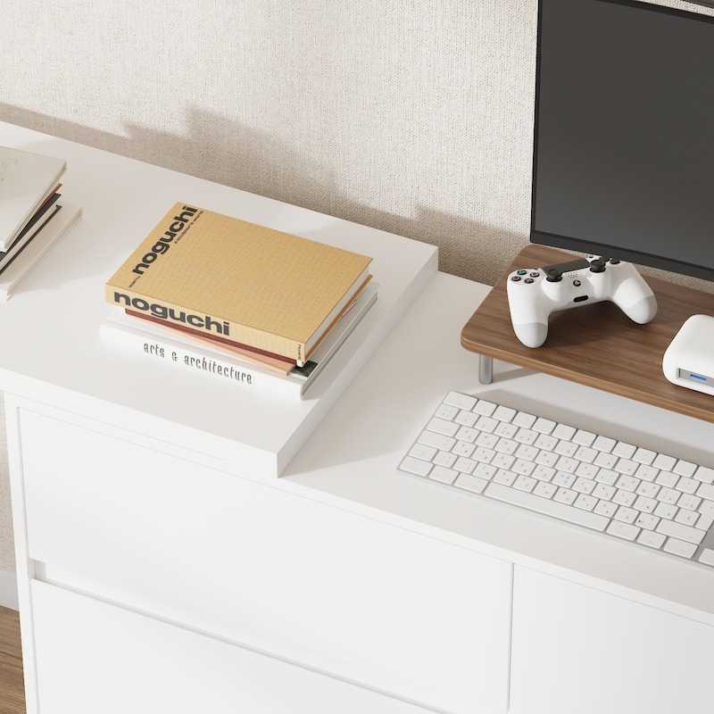 L-Shaped Desk with 6 Drawer Dresser, Extendable Adjustable Vanity Writing Table, Handleless Storage Cabinet