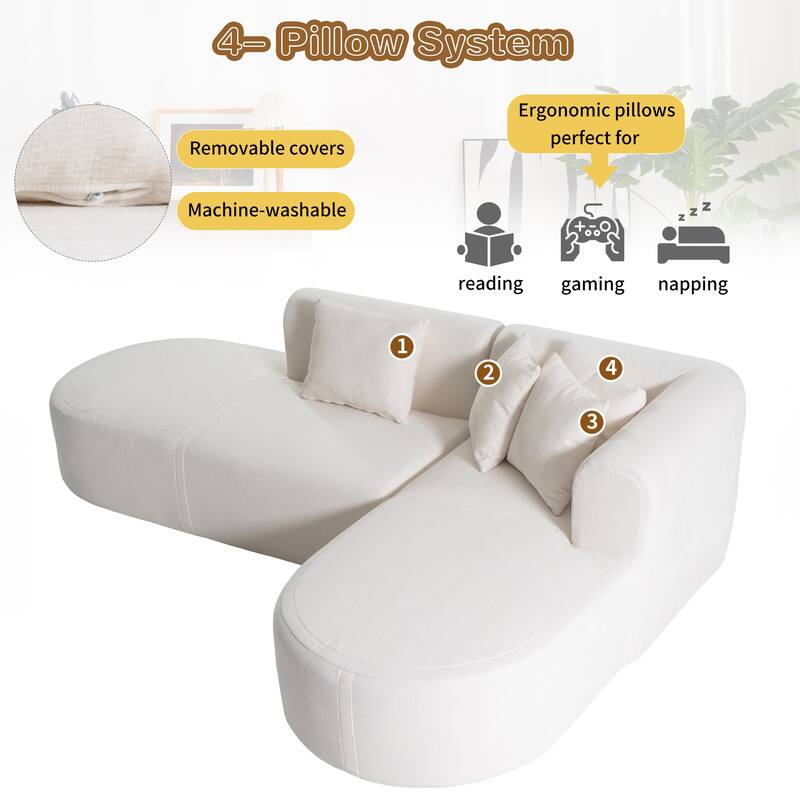 Curved Sectional Sofa with L-Shaped Chaise Lounge, Chenille Upholstered Cloud Sofa, 4 Seater Floor Sofa with 4 Pillows