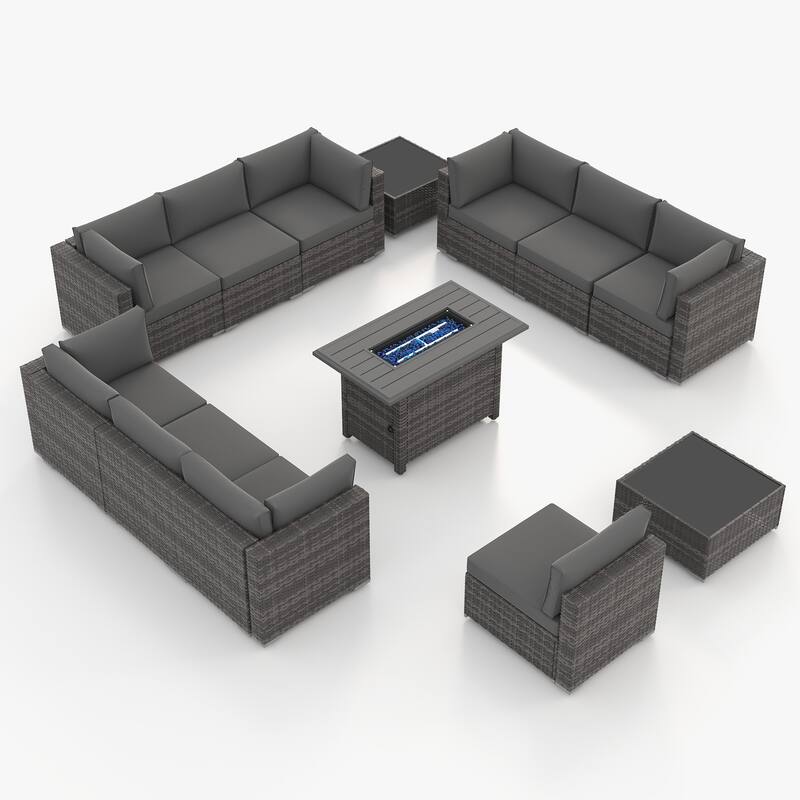 13 Piece Wicker Set Patio Sofa Furniture with Fire Pit And Table
